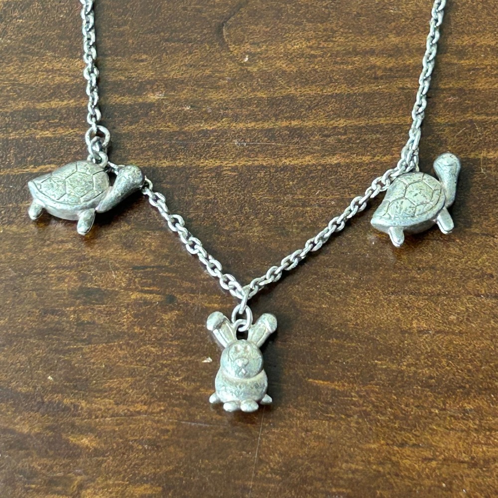 Necklace Sterling Silver 925 Turtle and Rabbit Hare Fable Whimsy Pendant 16-18in